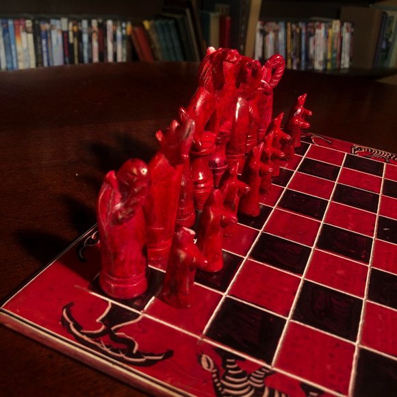 African Vintage Chess Set - Red Square Chess Board