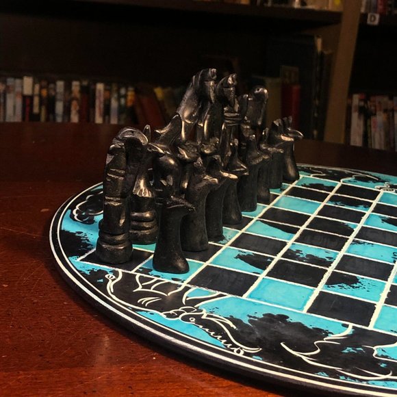 African Vintage Chess Set - Blue & Black Chess Board