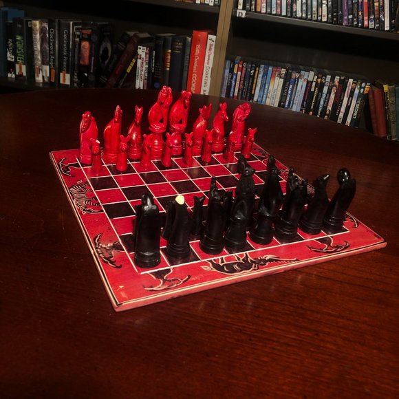 African Vintage Chess Set - Red Square Chess Board