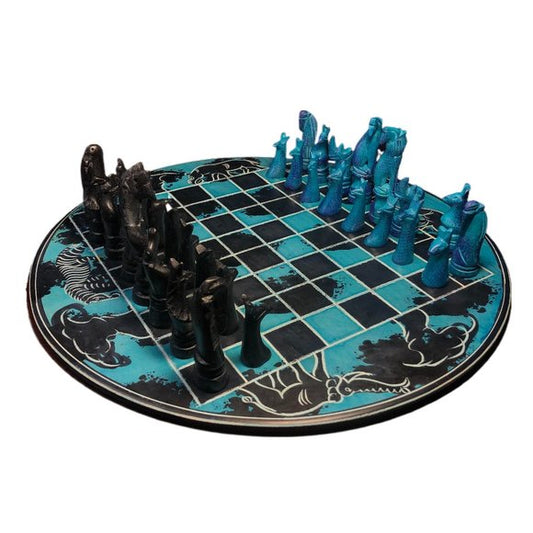 African Vintage Chess Set - Blue & Black Chess Board