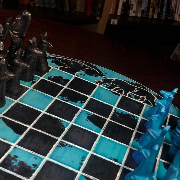 African Vintage Chess Set - Blue & Black Chess Board