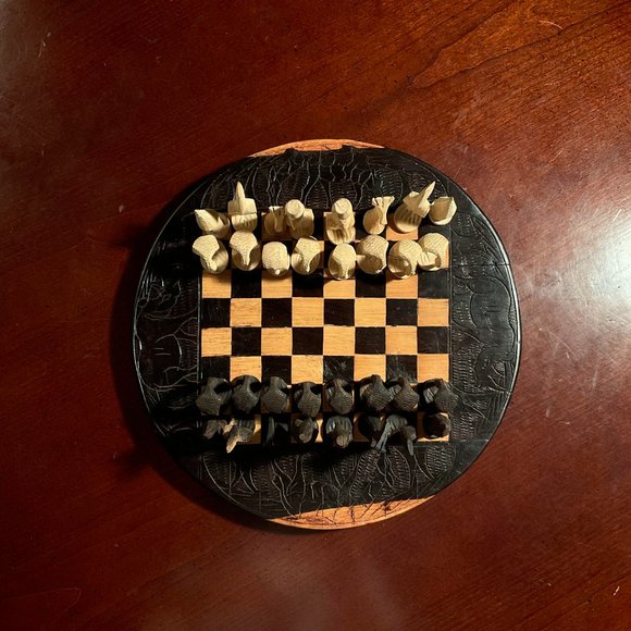 African Wood Carved Chess Board. Ebony Wood