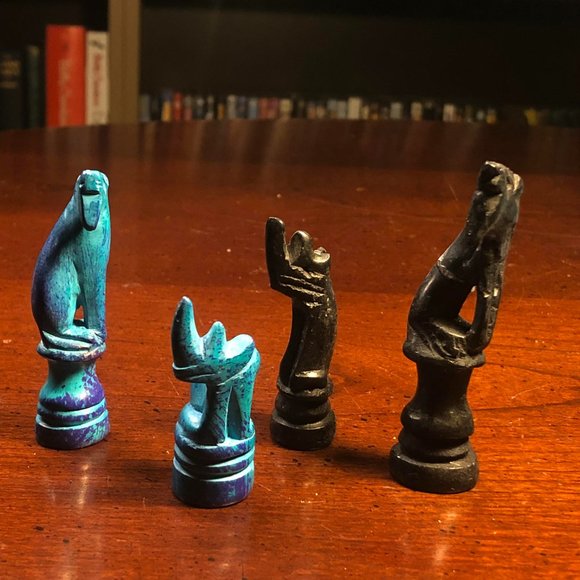 African Vintage Chess Set - Blue & Black Chess Board