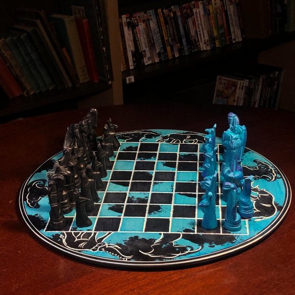 African Vintage Chess Set - Blue & Black Chess Board