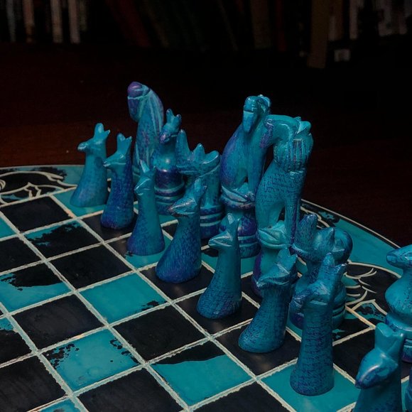 African Vintage Chess Set - Blue & Black Chess Board