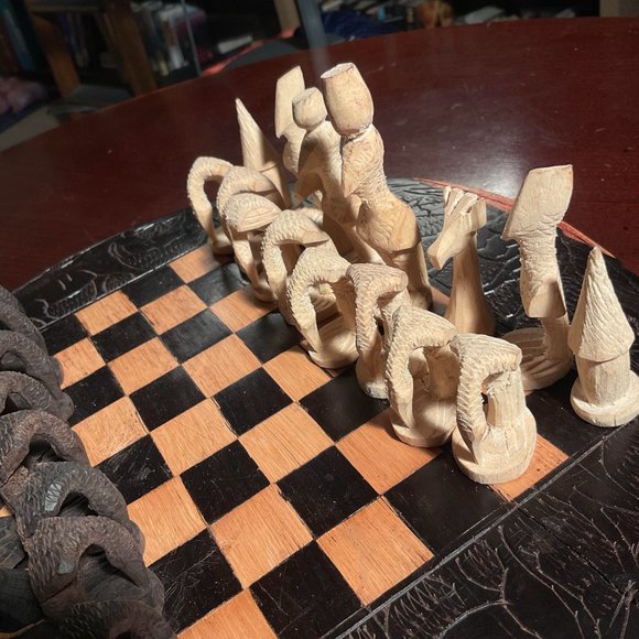 African Wood Carved Chess Board. Ebony Wood