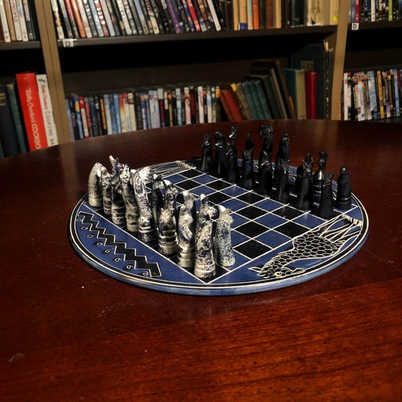 African Vintage Chess Set - Blue/White Chess Board