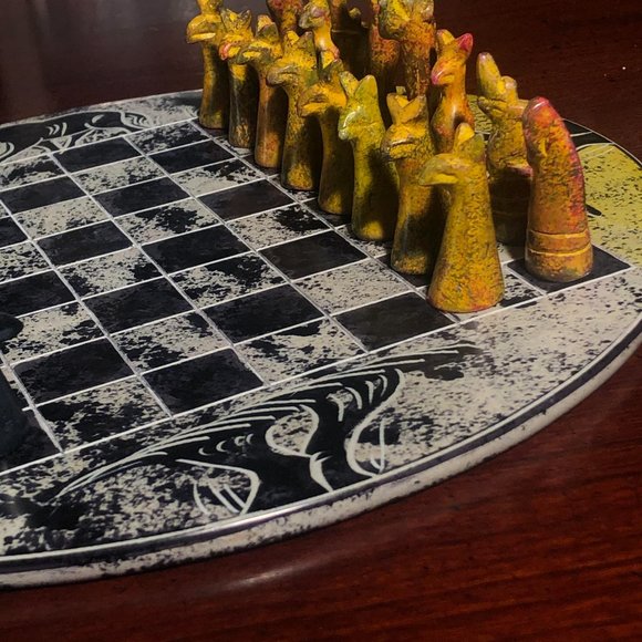 African Vintage Chess Set - Yellow Checkered Chess Board