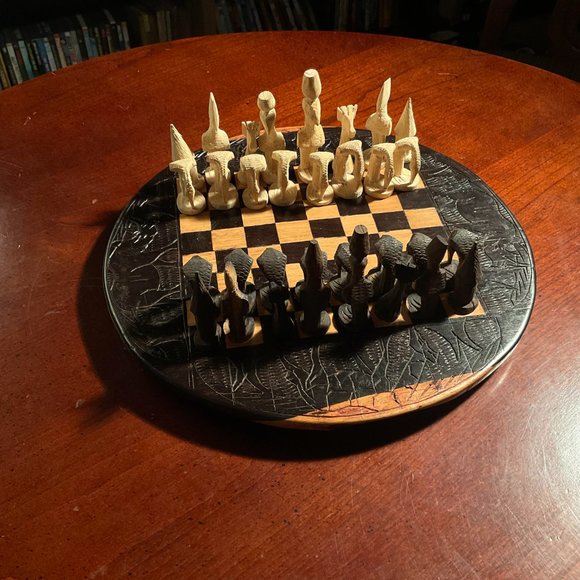 African Wood Carved Chess Board. Ebony Wood