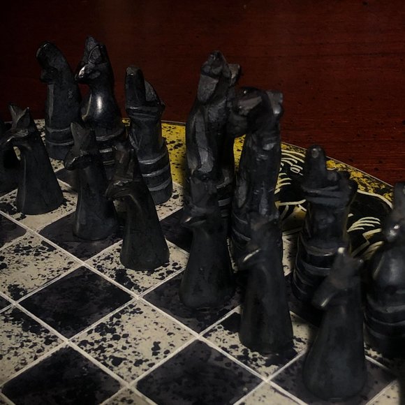 African Vintage Chess Set - Yellow Checkered Chess Board