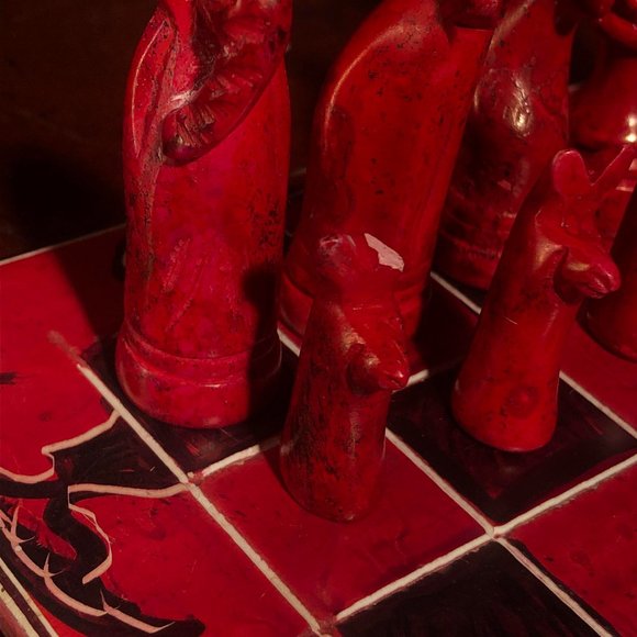 African Vintage Chess Set - Red Square Chess Board