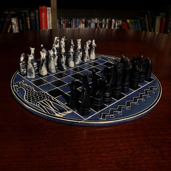 African Vintage Chess Set - Blue/White Chess Board