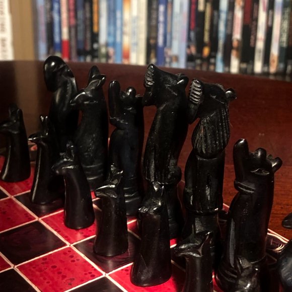 African Vintage Chess Set - Red Square Chess Board