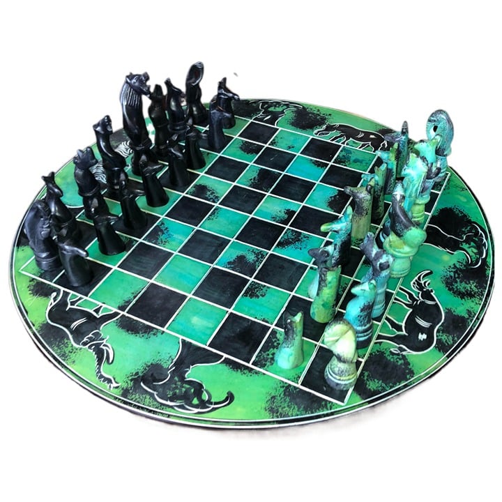 African Vintage Chess Set - Royal Green Large Chess Board