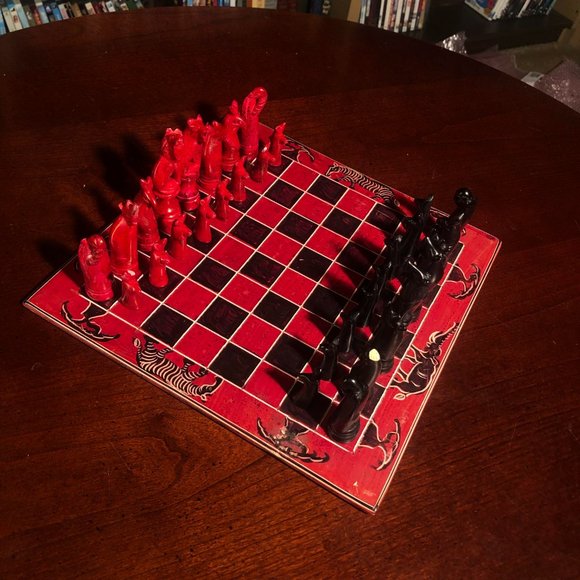 African Vintage Chess Set - Red Square Chess Board