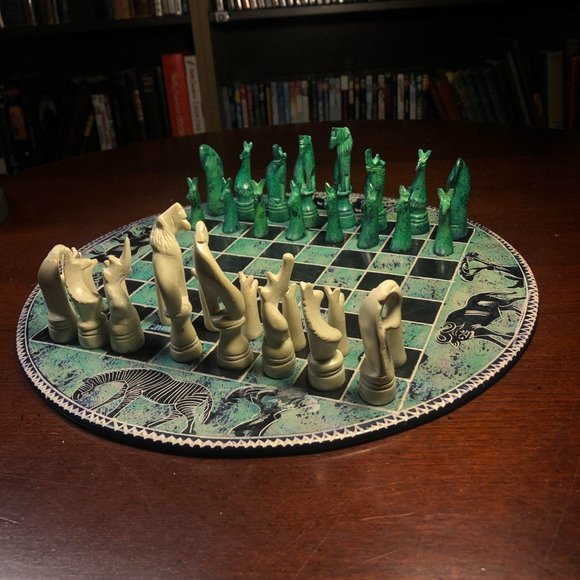 African Vintage Chess Set - Aquatic Green Chess Board