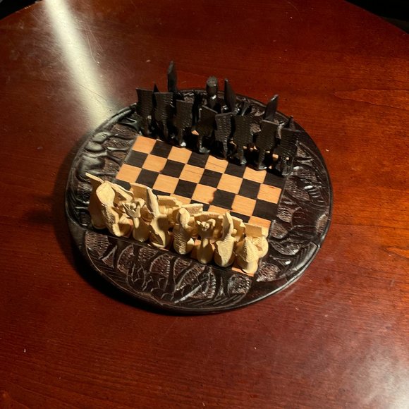 African Wood Carved Chess Board. Ebony Wood