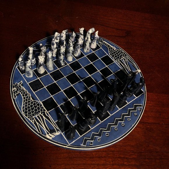 African Vintage Chess Set - Blue/White Chess Board