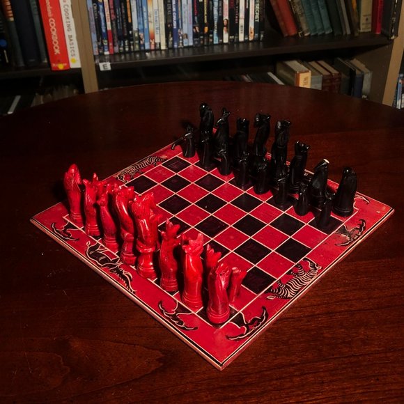 African Vintage Chess Set - Red Square Chess Board