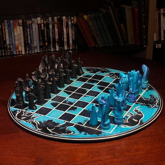 African Vintage Chess Set - Blue & Black Chess Board