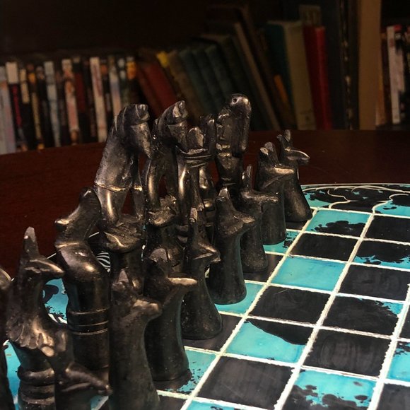 African Vintage Chess Set - Blue & Black Chess Board